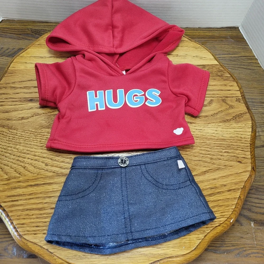 NWT Build A Bear Workshop Red Hugs Hoodie Denim Skirt Plush Outfit Accessory
